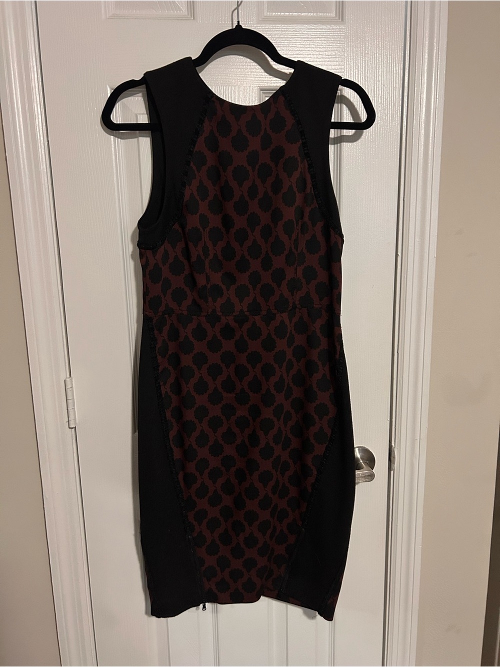 RACHEL Rachel Roy Black and Burgundy Patterned Midi Sheath Dress